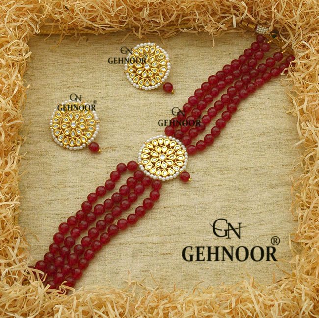 Maroon Patwa Thread Necklace with Blue & White Ceramic Beads